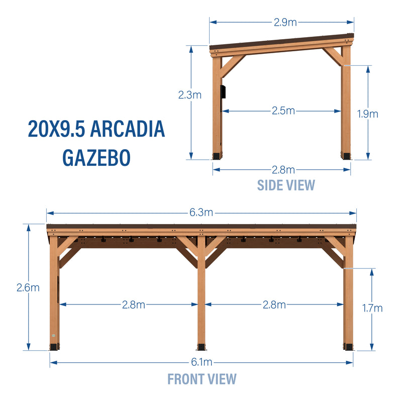 6.1m x 2.9m Arcadia Slope Roof Gazebo (20ft x 9.5ft) specifications