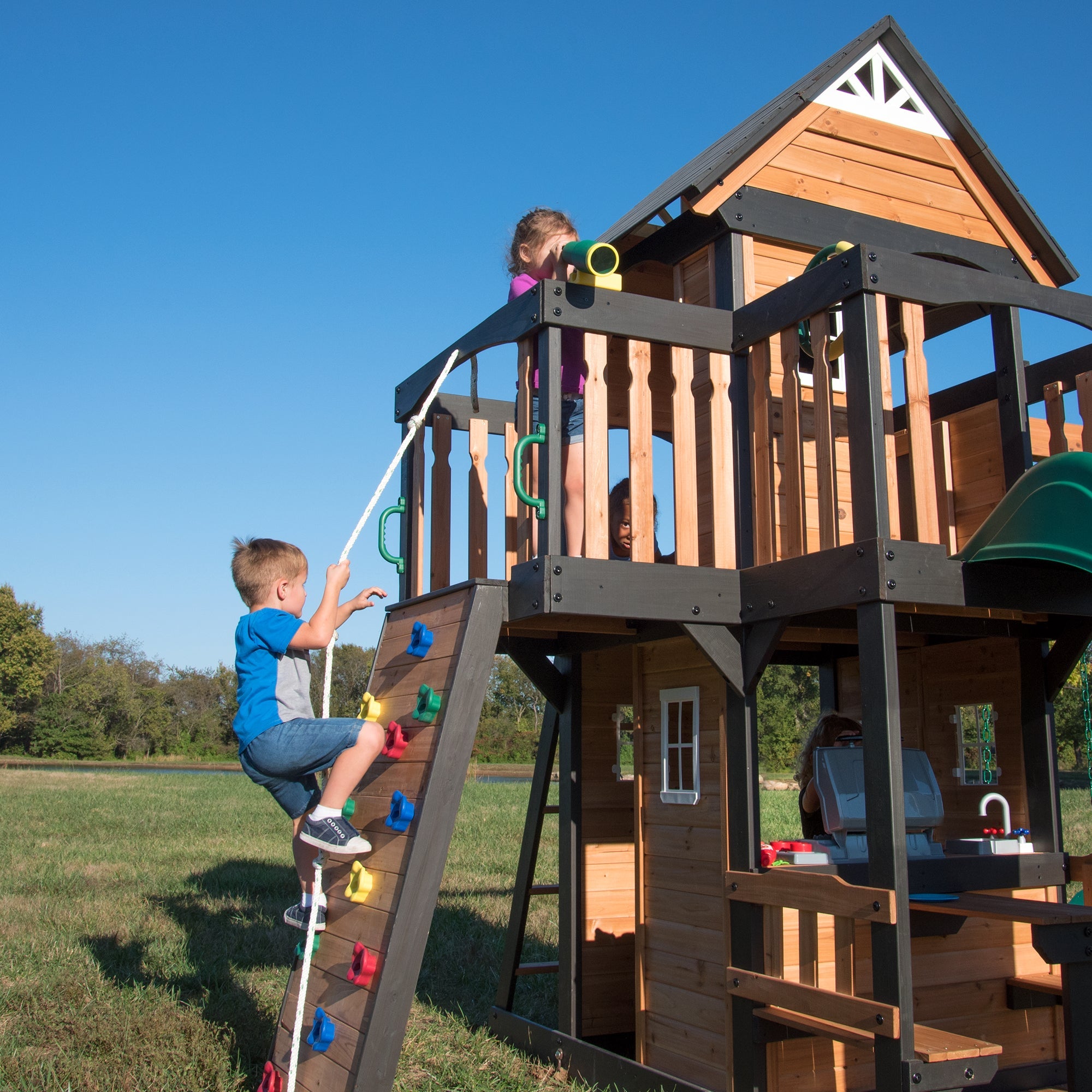 Canyon Creek Wooden Swing Set - rock climbing wall